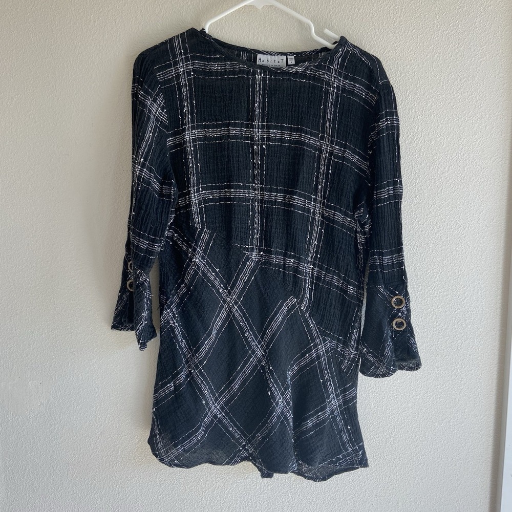 Habitat Black‎ White Plaid Textured Asymmetric Tunic Top Small Linen Blend Artsy